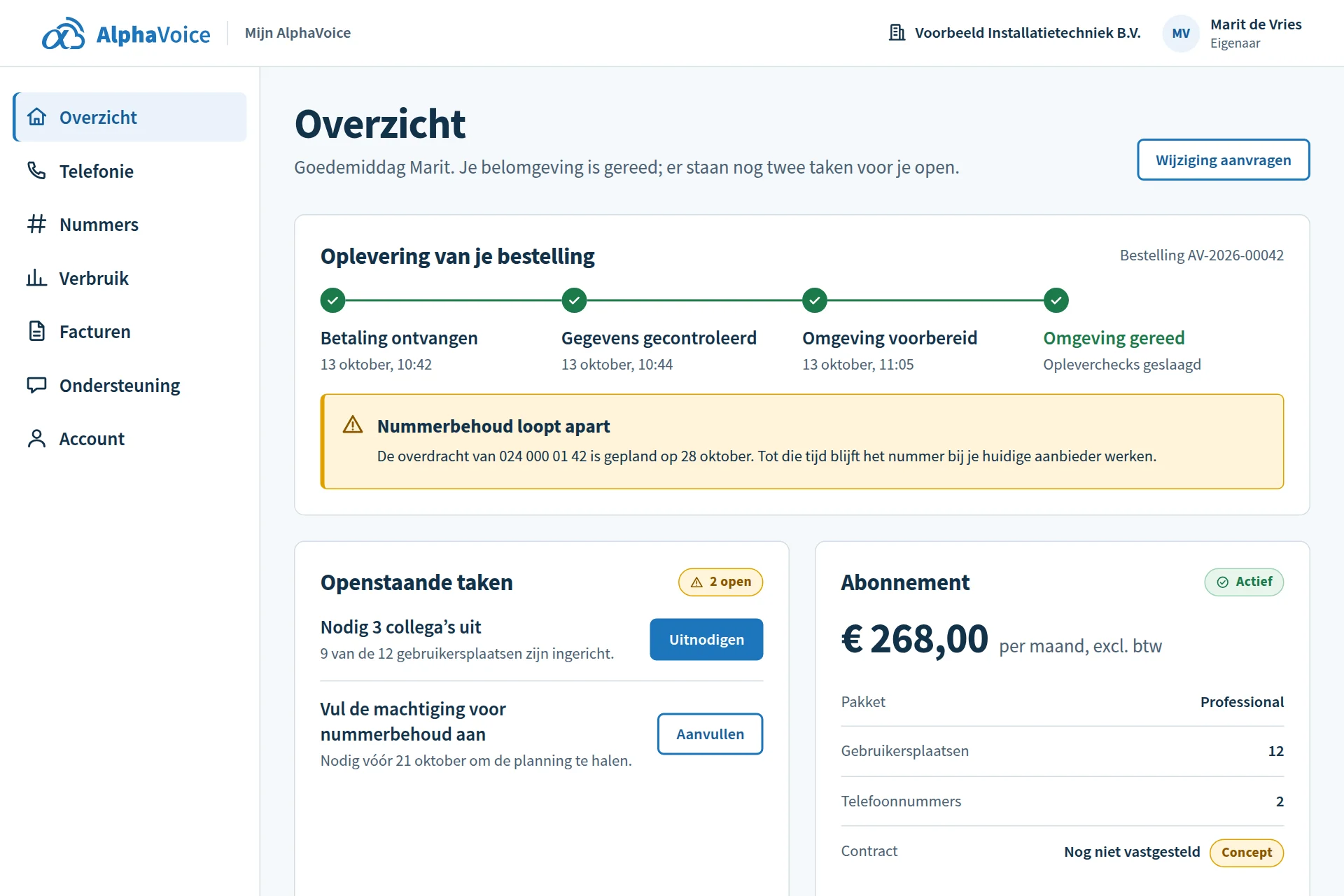 Overzichtspagina van Mijn AlphaVoice met opleverstatus, openstaande taken, abonnement en facturen